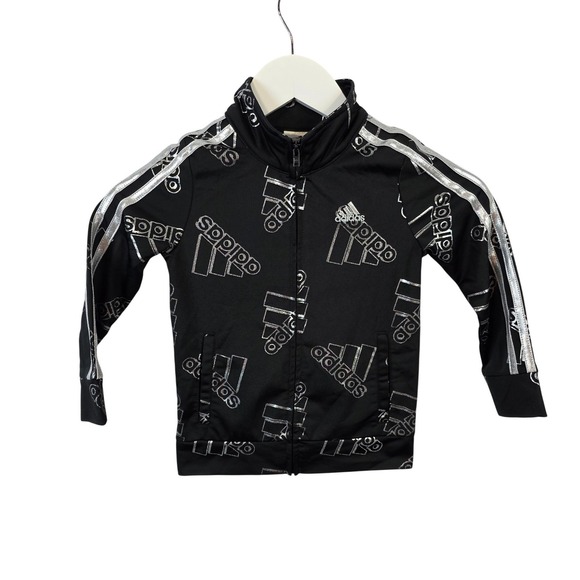 adidas Other - Adidas Tddler Girls 4 Black Silver Metallic All Over Logo Track Jacket Full Zip